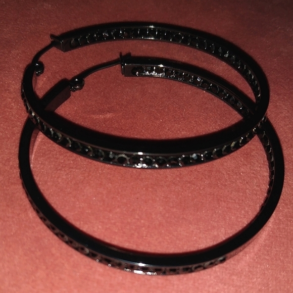 Black Metal Rhinestone Hoop Earrings Sparkle Crystal Big Channel Hoops Dark Glam - Picture 6 of 12